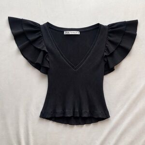 Zara Elegant Black Flutter Sleeve Blouse